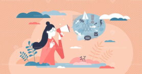 Public communication speech with promo message for media tiny person concept