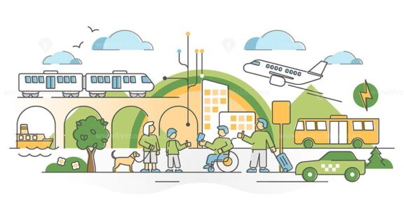 Public transport traffic in urban city with passengers scene outline concept