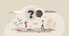 Question and answer with conversation speech dialog bubble tiny person concept