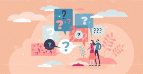 Questions abstract art style concept, flat tiny person vector illustration