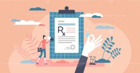 RX as medication prescription as treatment from doctor tiny persons concept