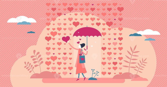 Raining hearts and love feeling or emotion scene flat tiny person concept