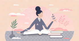 Reading books and literature to grow creative imagination tiny person concept