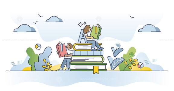 Reading books and course learning from library literature outline concept