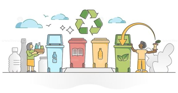 Recycling plastic with garbage separation and waste sorting outline concept