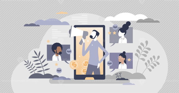 Refer friend suggestion marketing as attraction method tiny person concept