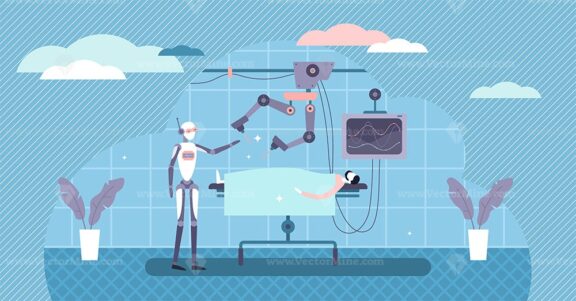 FREE Robot surgeon system in operation room, flat tiny person illustration