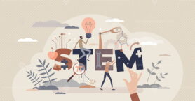 STEM as science, engineering and mathematics learning tiny person concept
