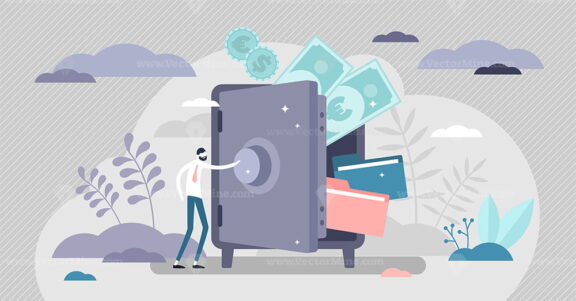 Bank safe with secured money and valuables in security tiny persons concept