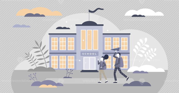 School building exterior with pupil going learn education tiny person concept