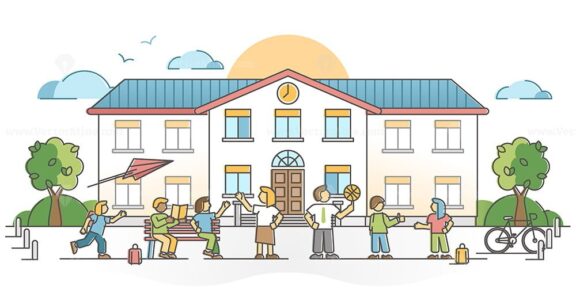 FREE School building exterior with pupil and kids with teachers outline concept