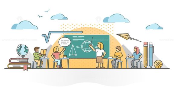 FREE School class lesson with pupil, kids and teacher learning outline concept