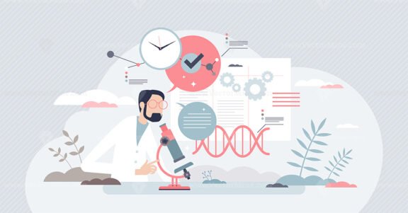 Scientific research with biochemistry test or examination tiny person concept