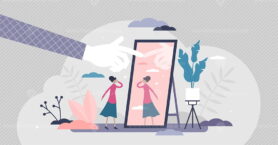 Self absorption concept, flat tiny person vector illustration