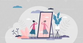 Self absorption concept, flat tiny person vector illustration