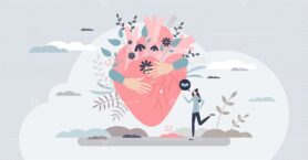 Self love with heart hug as mental healthcare and esteem tiny person concept