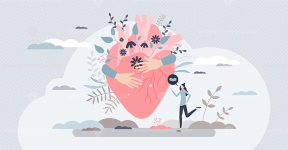 Self love with heart hug as mental healthcare and esteem tiny person concept