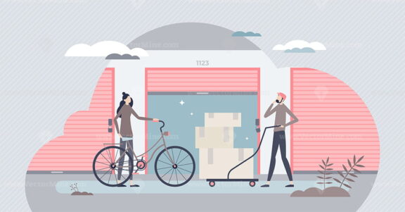 Self storage unit as personal boxes warehouse or garage tiny person concept