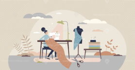 Sewing professional fashion clothes from textile material tiny person concept