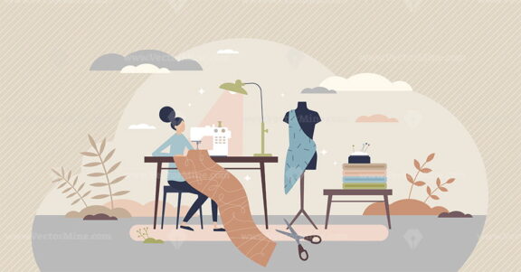 Sewing professional fashion clothes from textile material tiny person concept