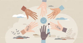 Sharing ideas with creative and innovative teamwork power tiny person concept