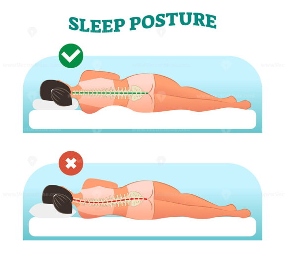 Correct and healthy sleeping posture for your neck and spine, vector illustration