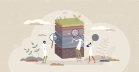 Soil analysis and earth pollution or structure control tiny person concept