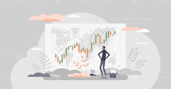 Stock trading as global market company shares investment tiny person concept