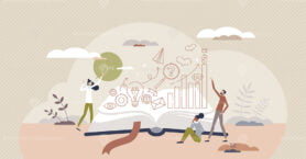 Brand storytelling marketing communication flat tiny person concept