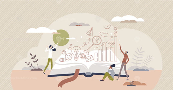 Brand storytelling marketing communication flat tiny person concept