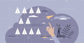 Strategy change and new direction in business vision tiny person concept
