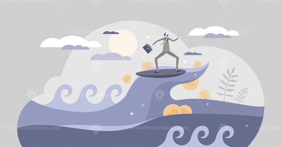 Success wave in business peak with ongoing money profit tiny person concept