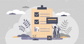 Survey report with questions and checked answers form tiny persons concept
