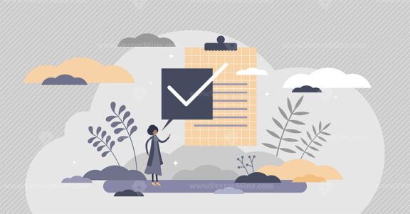Task done right sign as approved check mark symbol flat tiny person concept