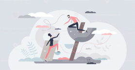 Team cowork and business partner work support for growth tiny person concept