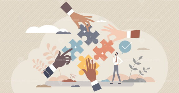 Team work solution and partnership puzzle work together tiny person concept