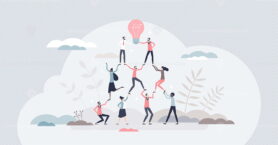 Teamwork success as team pyramid to innovative results tiny person concept