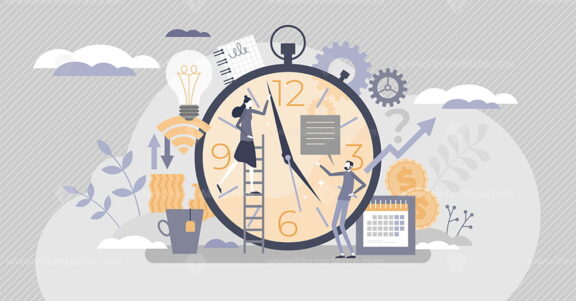 Time management with schedule for busy work productivity tiny person concept