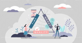 Time, money and quality triangle, tiny person vector illustration