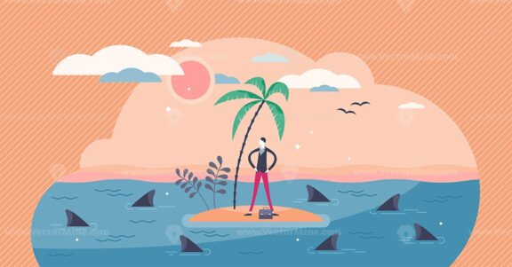 Trapped businessman surrounded by sharks, flat tiny person vector illustration