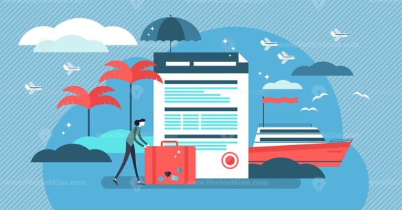 Travel insurance vector illustration with stylized tourist and agreement