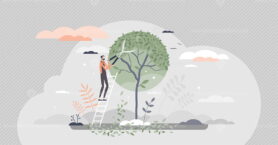 Tree pruning and gardening as tree trimming or shaping tiny person concept