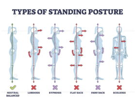 Types of standing postures and medical back pathology set outline diagram