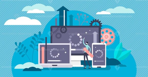 Update and upgrade software flat tiny person concept vector illustration