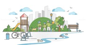 Urban park with city green zone for family nature recreation outline concept
