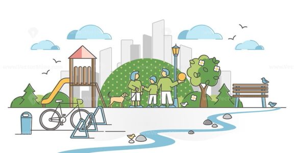 Urban park with city green zone for family nature recreation outline concept