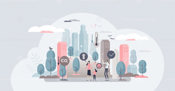 Urban forestry cityscape with trees and benefit symbols tiny person concept