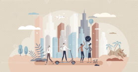 Urbanization as modern metropolis and city development tiny person concept