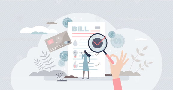 Utility bills as water and heating consumption expenses tiny person concept