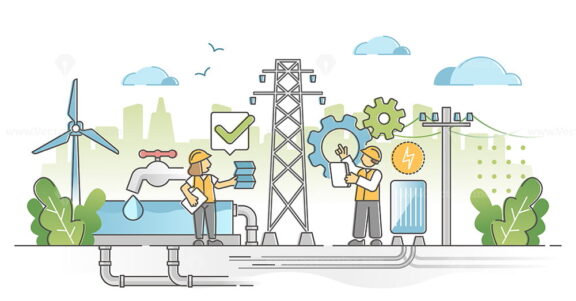Utility expertise and maintenance repair fix after checkup outline concept